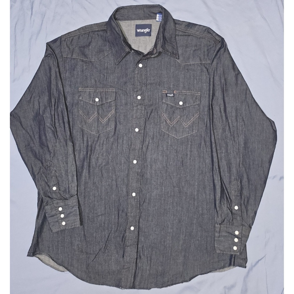 Vtg Wrangler Denim Shirt Men's Sz 2XT Brushpopper Western Pearl‎ Button Raw Hem